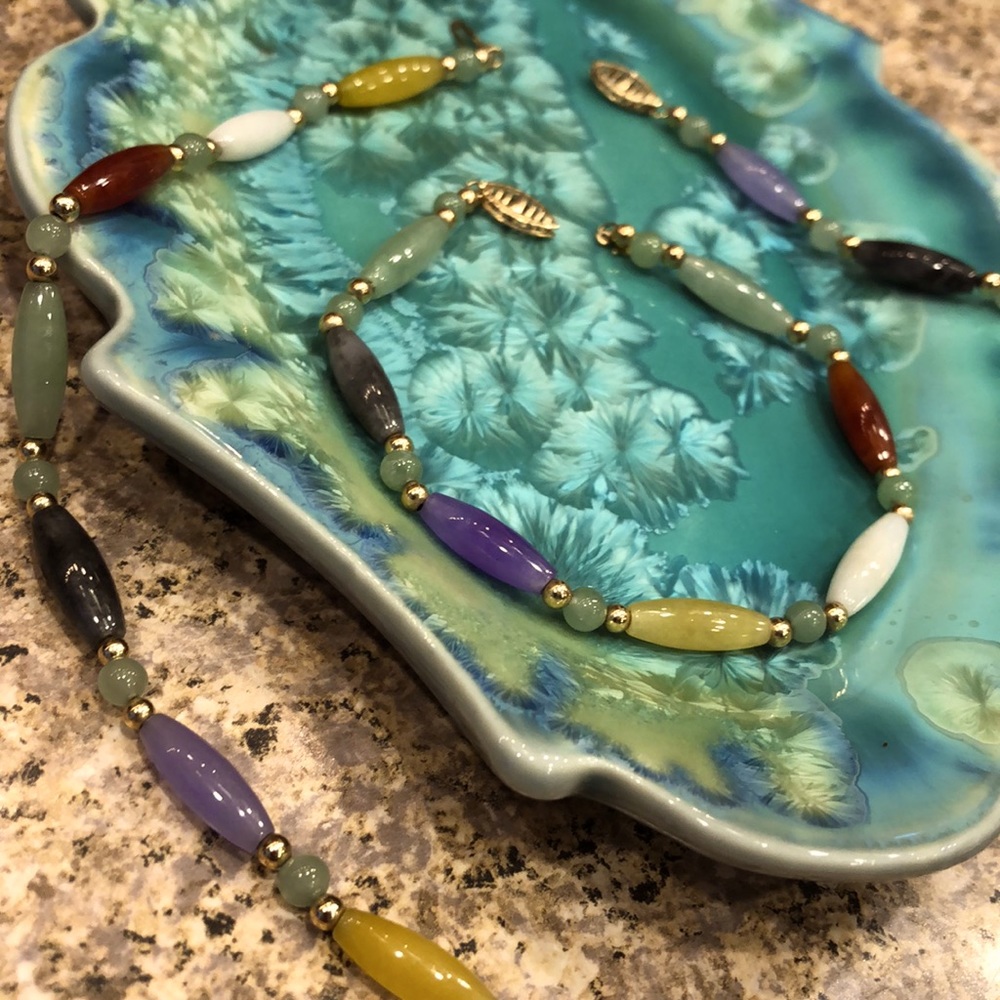 Multicolored Jade 14K Gold Necklace and Bracelet Set